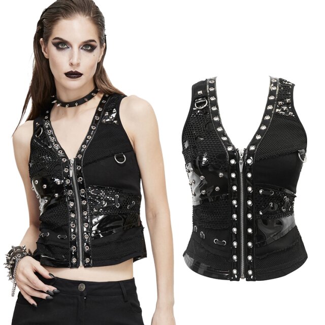 Ärmelloses Devil Fashion Punk-Top (WT053) mit tiefem V-Ausschnitt, Lackeinsätzen, Nieten, Ösen, D-Ringen, zerfetztem Netz und Zierschnürungen.