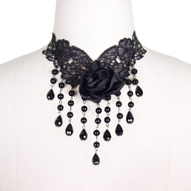 Dreamlike Devil Fashion dark lace necklace with a big fabric blossom and deep black pearls reaching down to the décolleté