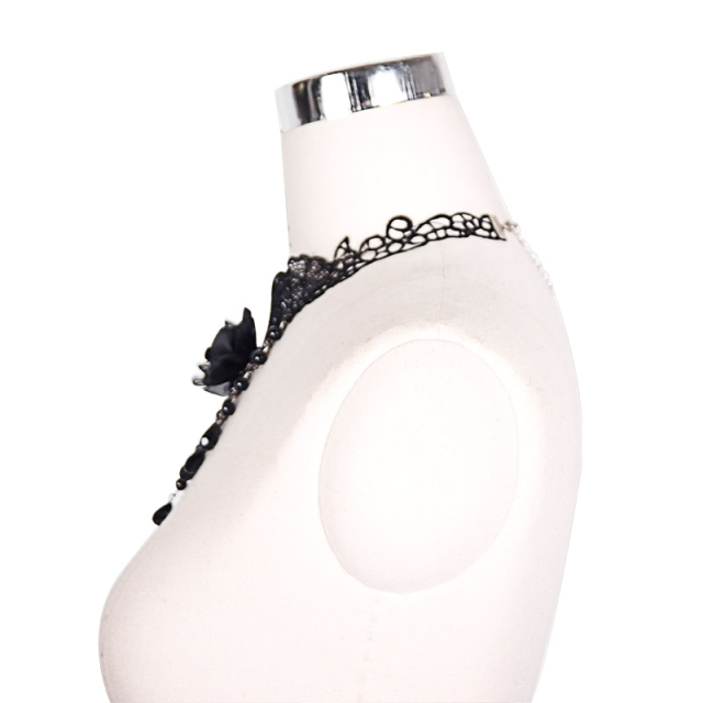 Spitzen-Collier Flor Oscura mit schwarzen Perlen und 3D-Blüte