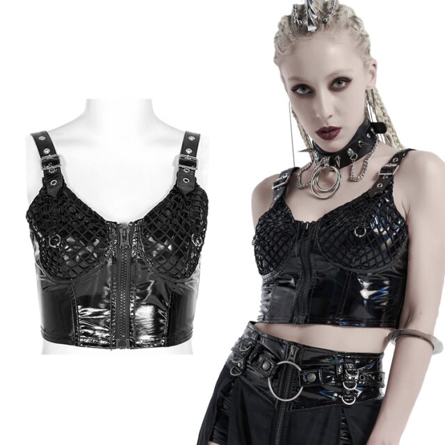 Bauchfreies PUNK RAVE Bustier (WT-644BK-BRI) aus schwarzem Lack. Rautenförmiger Netzbezug über Cups mit Deko-Brustpiercings, Schnallen an den Trägern und vorne mit Zip.