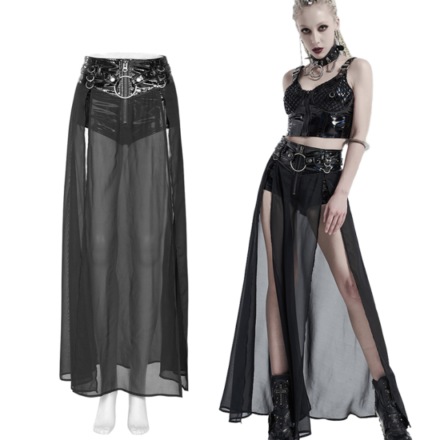 Glossy Punk Rave vinyl shorts with attached floor-length chiffon skirt (WQ-494BK-BRI) with big O-ring at the front and further straps, eyelets and D-rings.