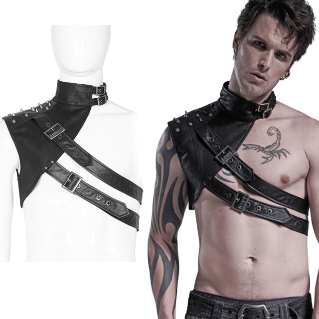 PUNK RAVE Kragen mit einseitigem Schulterprotektor (WY-1293XDM BK) aus weichem Velours im Used-Leder-Look mit Nieten auf der Schulter und Riemen mit Schnallen.