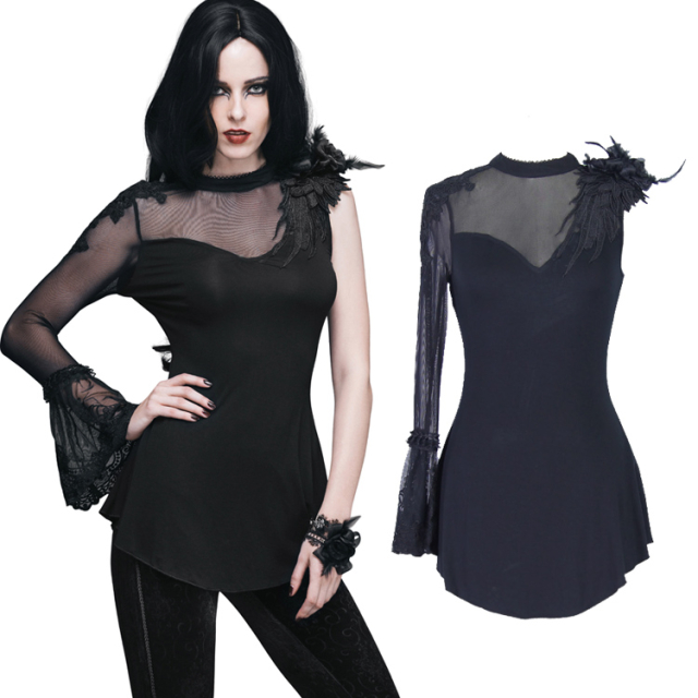 Hip-length Eva Lady gothic shirt (ETT003) made of soft jersey with one sleeve as well as neckline and upper back made of fine mesh. Fairytale lace decoration with flowers and feathers.
