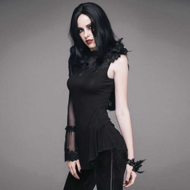 Single Sleeve Gothic Shirt Luna with Mesh and Lace Ornaments