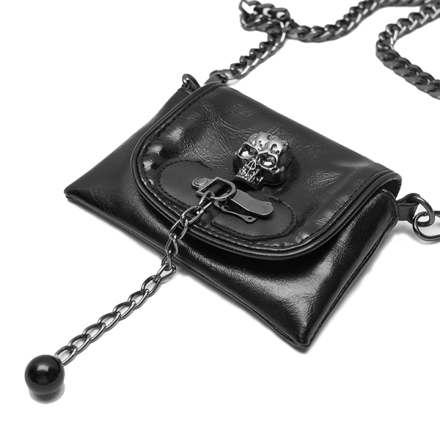 Mini gothic handbag by PUNK RAVE (WS-412) with shoulder chain and big skull on the front flap.
