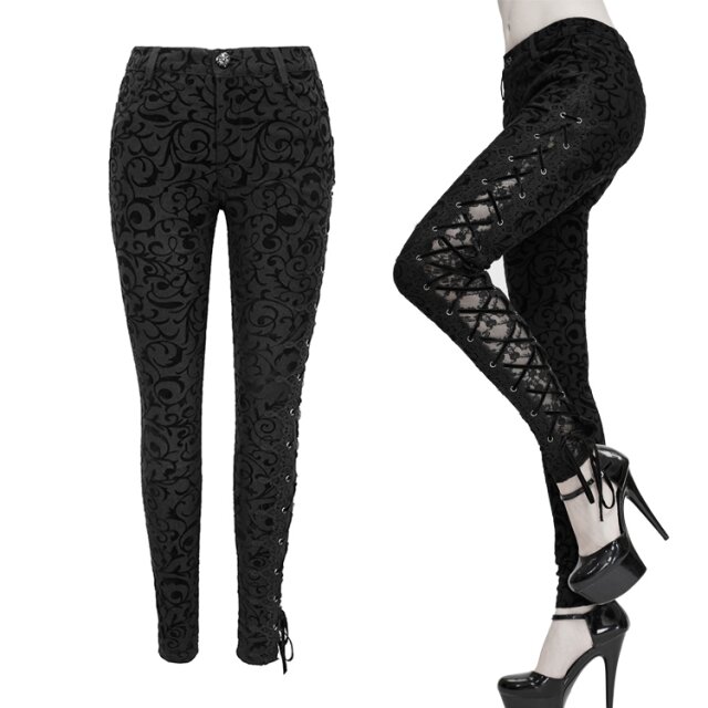 Elastische schwarze Devil Fashion Damen-Hose (PT135) mit barocker Rankenbeflockung und einseitigem Spitzeneinsatz mit Schnürung und Spitzenborte.