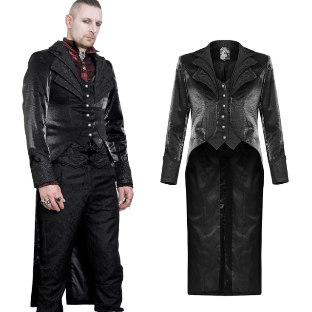 Silky shiny PUNK RAVE Victorian goth tailcoat (WY-1243BK) with triple-layered lapels of wrinkle jacquard, cuff trimmings and imitated waistcoat