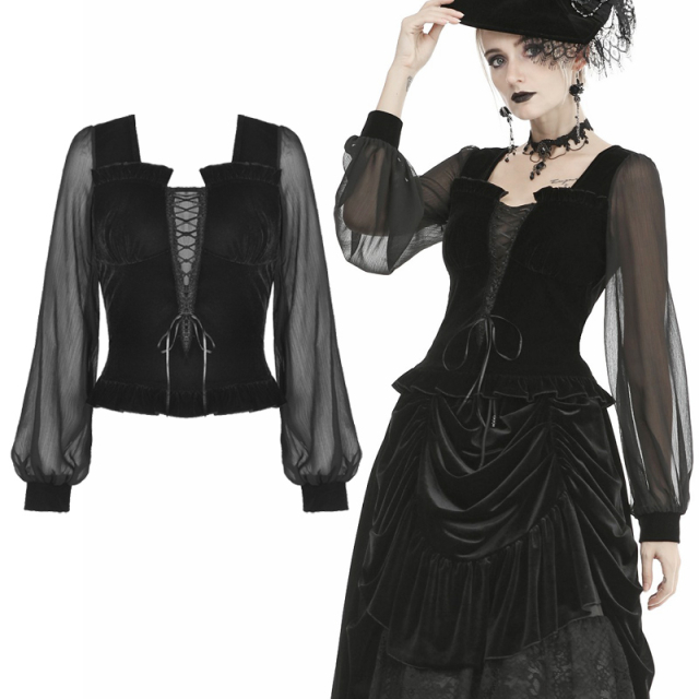 Long-sleeved gothic shirt by Dark in Love (TW298) in deep black velvet with semi-transparent, wide balloon sleeves made of chiffon, laced V-neck and ruffles.