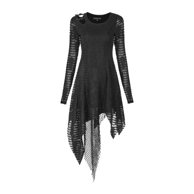 PUNK RAVE Fransiges Langarm-Fetzenkleid Coven im Lagenlook XL-XXL