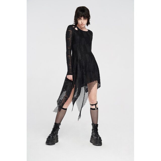 PUNK RAVE Fransiges Langarm-Fetzenkleid Coven im Lagenlook XL-XXL
