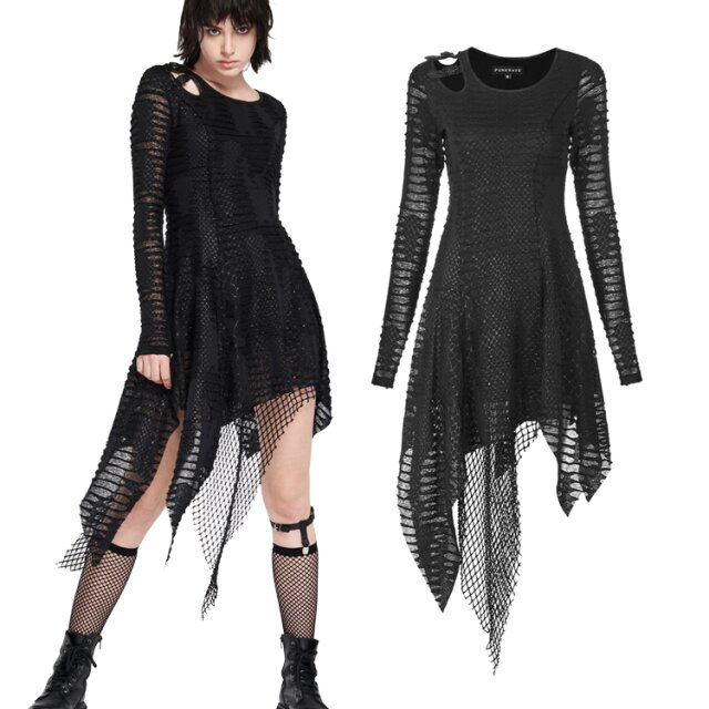 PUNK RAVE Langarm-Kleid (WQ-479BK) mit Fransenrock aus coolem Materialmix mit Netz- und zerfetzem Stretch-Material mit Schlangenhaut-Print im punkigen destroyed Look.