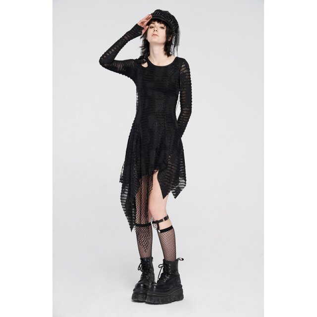 PUNK RAVE Fransiges Langarm-Fetzenkleid Coven im Lagenlook XL-XXL