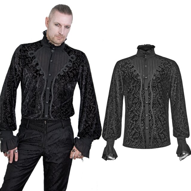 Weites PUNK RAVE Gothic-Herrenhemd (WY-1280) mit viktorianischem Charme. Leichtes Mesh mit barockem Samtflock und Chiffondetails sowie verspielten Borten.