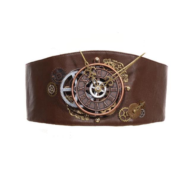 RQ-BL Steampunk leather belt in black or brown (SP072) with a large antique-looking decorative metal clockwork in warm brown tones.