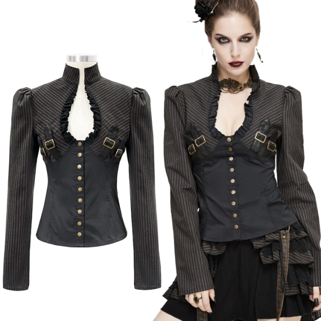 Brown and black striped Devil Fashion Steampunk Shirt (SHT053) with long puff sleeves, straps and buckles on the chest and romantic ruffle neckline.
