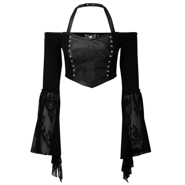 KILLSTAR Zelda Lace Bardot Top - Off-the-shoulder gothic top with halterneck, long wide trumpet sleeves and embroidered faux leather front