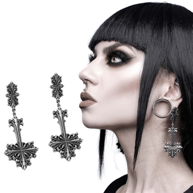 KILLSTAR Infernal Cross Earrings - Large silver coloured cross earrings with stud decorated with baroque tendrils and with antique finish.