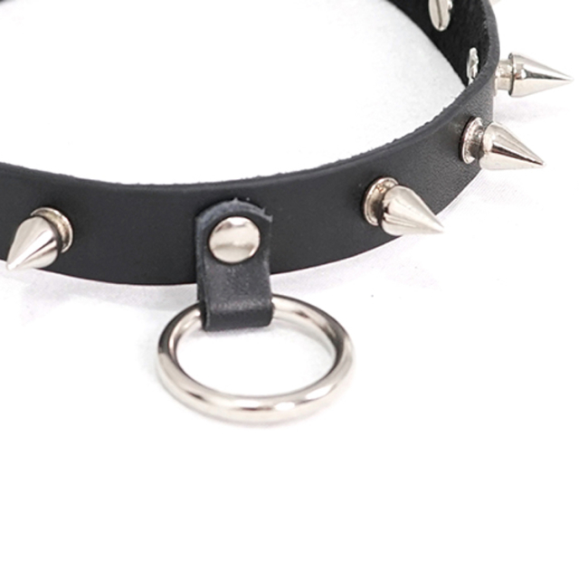 Unisex Leather Collar with O-Ring and Spiked Rivets