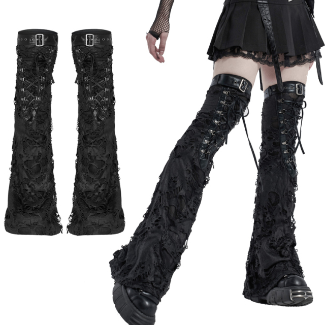 PUNK RAVE leg warmers (WS-395BK) made of rag material with lacing as well as strap and buckle