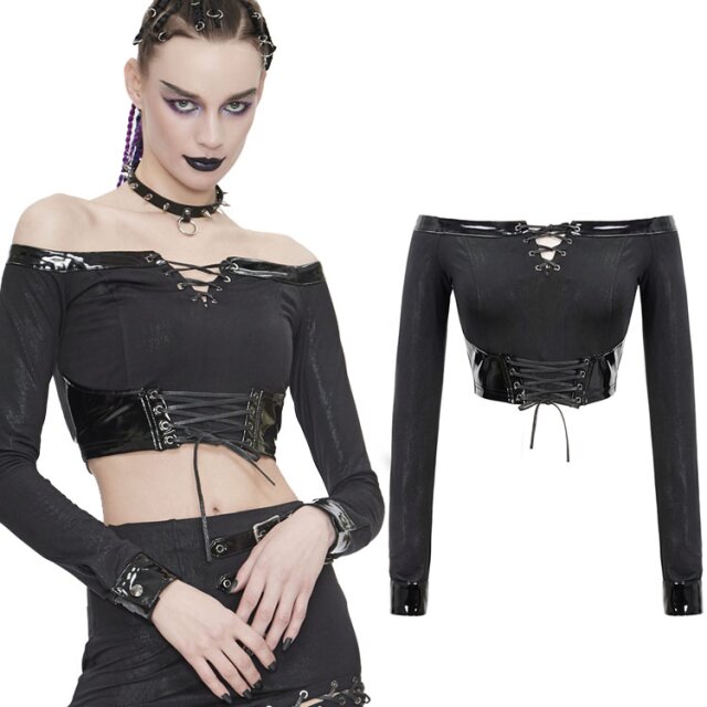 Belly-Free Devil Fashion Off-Shoulder Gothic Shirt (TT144) with Long Sleeves, Sinful Vinyl Details and Lacing