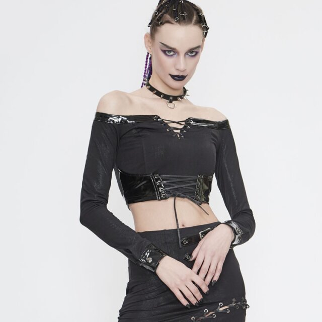 Schulter- & Bauchfreies Langarm-Shirt Prisma mit Lack-Details M