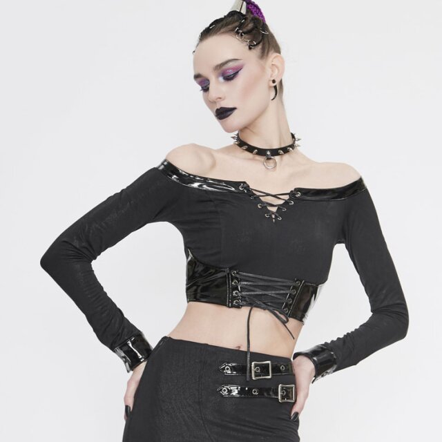 Schulter- & Bauchfreies Langarm-Shirt Prisma mit Lack-Details M