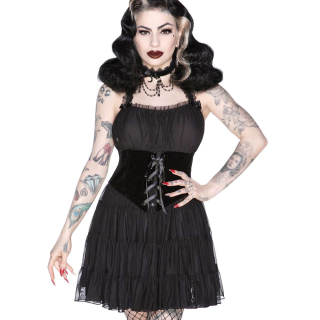 KILLSTAR Skye Scraper Burlesque Dress - Kleid aus weichem Mesh mit Neckholder und angesetztem Petticoat-Rock sowie samtigem Korsagen-Gürtel mit Schnürung