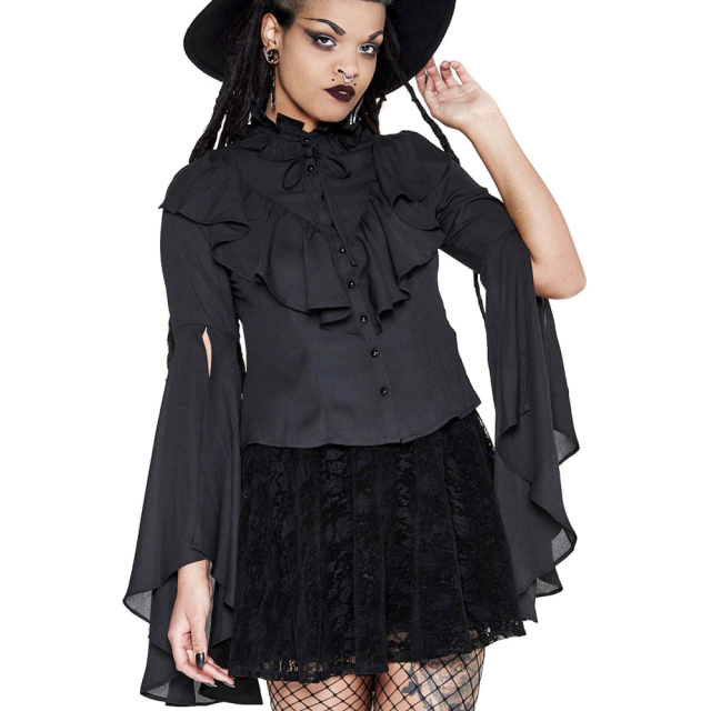 Killstar Moon Shrine Ruffle Shirt - Waisted gothic blouse made of light, chiffon-like material with stand-up collar and stunning sleeves