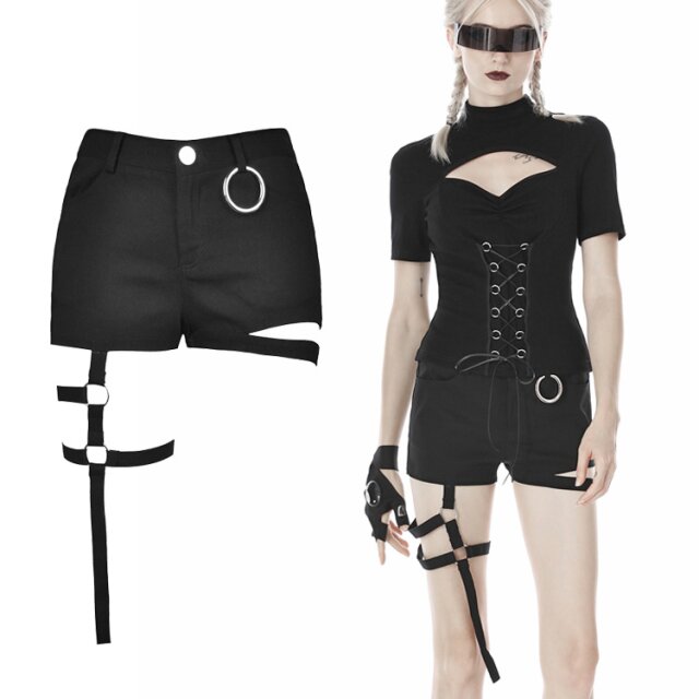 Super-elastische Dark in Love Denim-Hotpants (PW103) im 5-Pocket-Stil mit raffiniertem Suspender-Beinriemen und O-Ringen