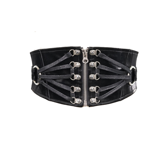 Silky shiny Devil Fashion corset belt (AS064)  with corset lacing at the back with zip at the front, big O-rings and decorative fan lacing