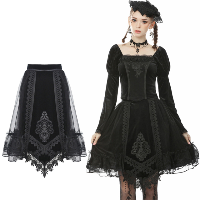 Knee-length swinging gothic skirt Dark in Love (KW194) made of soft tulle with attached flounces and baroque velvet panel with big lace ornaments and braids