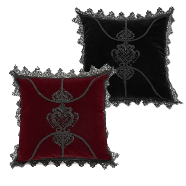 Opulent velvet Punk Rave sofa cushion cover (JZ-002 BK & RD), in red or black, with large lace ornament and jagged lace border at the hemline