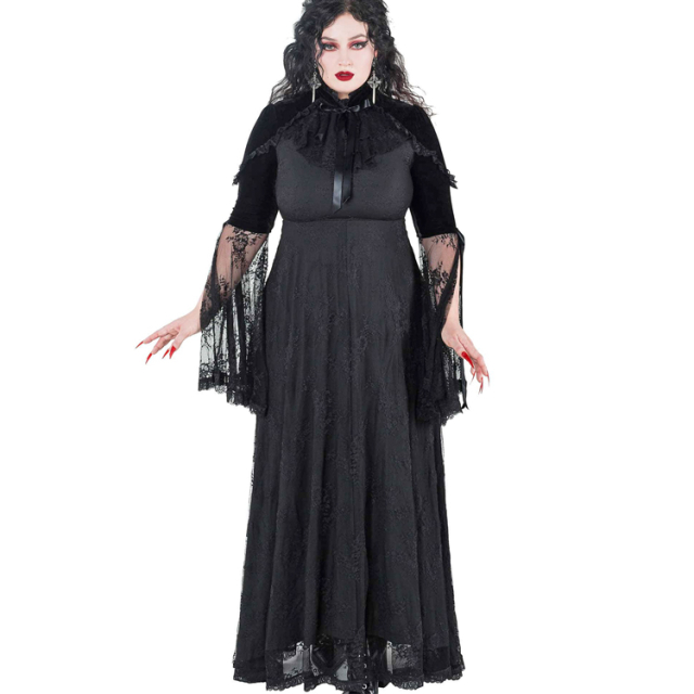 KILLSTAR Countess bodenlanges Kleid - Bodenlanges Empire-Kleid aus Spitze mit opulentem Stehkragen, Rüschen, Trompetenärmeln und Oberarmen aus schwarzem Samt.