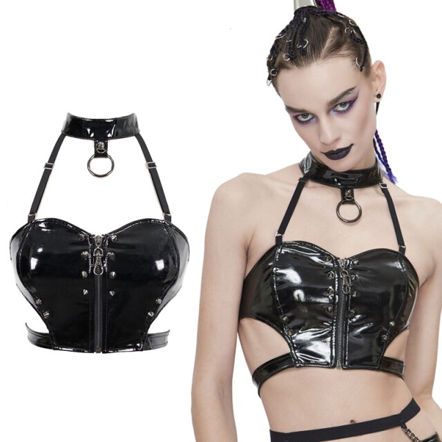 Tight devil fashion vinyl bustier (TT154) with halter neck and O-ring, front zip and spiked rivets