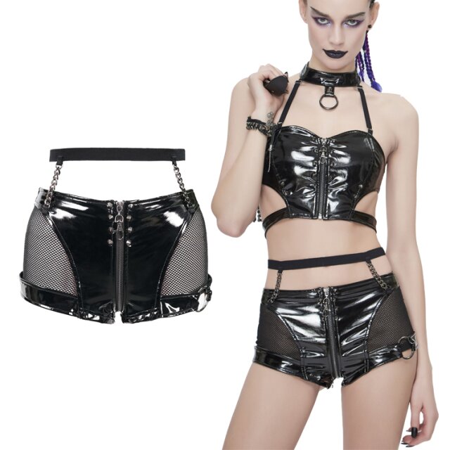 Knappe Devil Fashion Lack-Hotpants (PT129)  mit Reißverschlusss im Schritt, elastischem-Taillenriemen, Netzeinsätzen sowie Ketten- und O-Ring Details