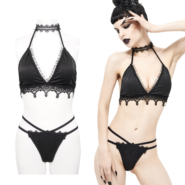 Dunkelromantischer, schwarzer Devil Fashion Triangel-Bikini (SST010)  mit Spitzenborten und einem Spitzenchoker-Neckholder