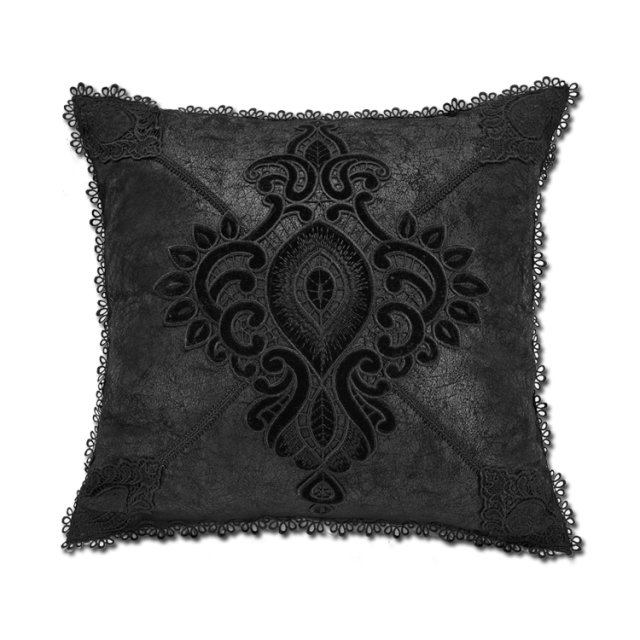 Morbid PUNK RAVE Gothic Sofa Cushion Cover (JZ-003ZT BK) in Used Leather Look with Large Lace Ornaments
