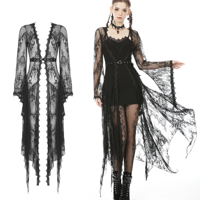 Delicate Dark in Love lace coat (JW224)  in boudoir style with long fringes, trumpet sleeves and belt