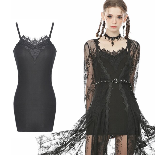 Black Dark in Love jersey mini dress (DW508) with straps and V-shaped lace insert at the front