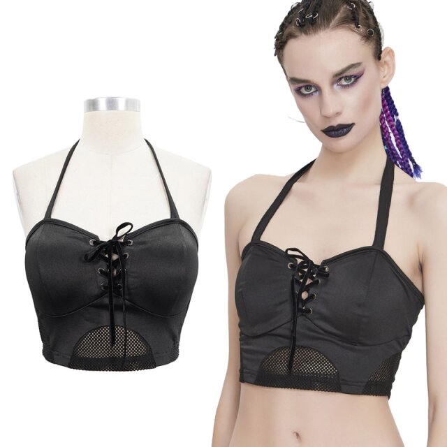 Schwarzes Devil Fashion Crop-Top Bikini-Oberteil (SST003) mit Neckholder und punkigen Netz-Einsätzen sowie Schnürung vorne