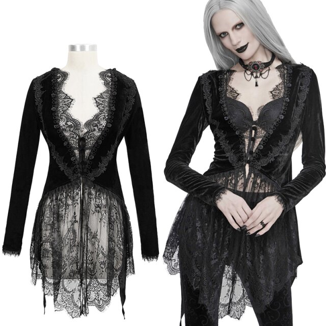 Viktorianische Eva Lady Samtjacke (ECT011) mit langem Schwalbenschwanz aus Spitze, Frackschößen aus Samt und einer ordentlichen Portion dunkler Romantik