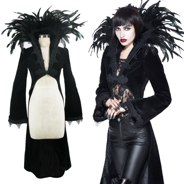 Exquisite Eva Lady velvet coat (ECT004) in tailcoat cut full of sublime elegance with a large feather-trimmed collar and elaborate trimming at the front.