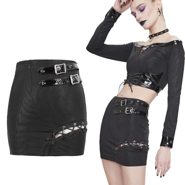 Hautenger Devil Fashion Minirock (SKT114) mit punkigen Details aus glänzendem Lack sowie einer frechen Schnürung