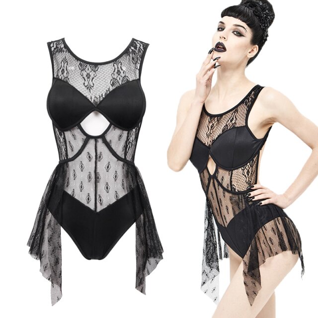 Dunkelromantischer Devil Fashion Monokini / Badeanzug (SST001) mit luftig leichter Spitze und verführerischer Schnürung