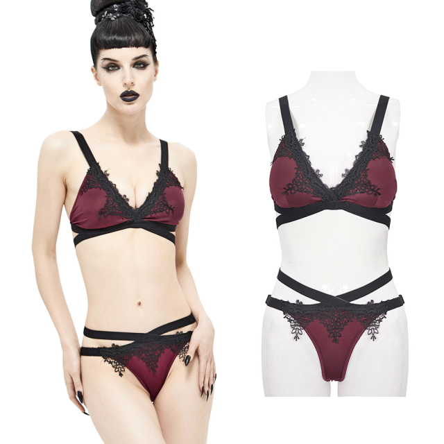 Rot-schwarzer Devil Fashion Bikini (SHT008) im Lingerie-Look mit Spitze und elastischen Bändern in Wickeloptik