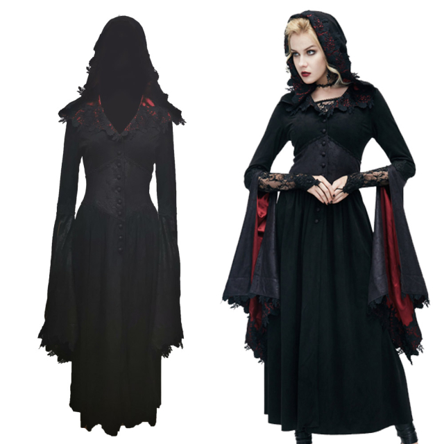 Long, wide swinging coat (CT070) in leather look with large red lined hood and red lined slit trumpet sleeves and waist area in the look of a corsage.