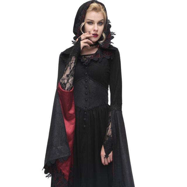 Schwarzer Gothic-Mantel Helvetia mit roten Akzenten XS