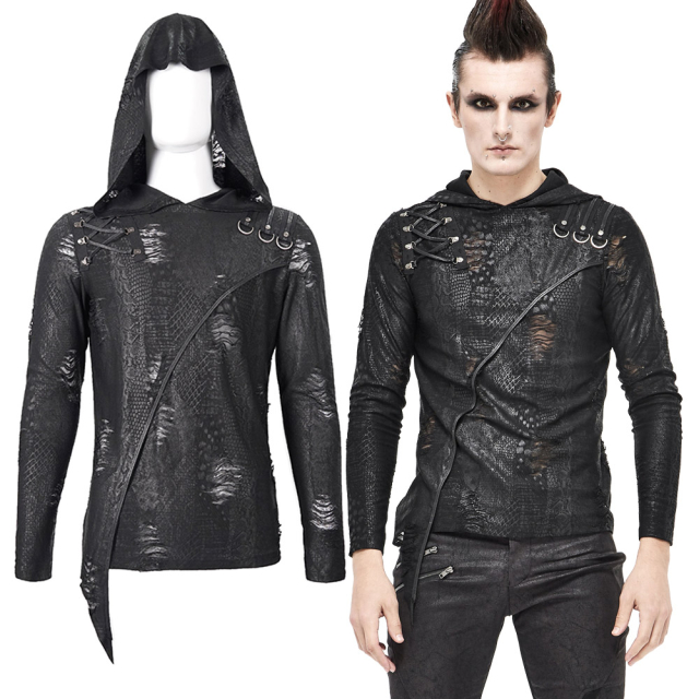 Leichtes Devil Fashion Gothic-Punk Langarm-Shirt (TT164) mit Kapuze und dezentem Schlangenhaut-Print. Stellenweise zerfetzt mit D-Ringen auf einer Schulter und Zierschnürung auf der anderen Schulter