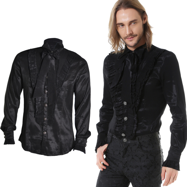 Noble shiny black Victorian Gothic mens shirt. Slim-fit with stretch