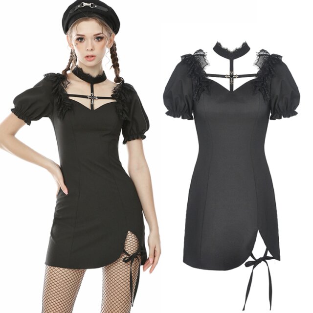 Ultrakurzes schmales Dark in Love Gothic-Minikleid (DW491) mit kurzen Puffärmeln, Spitzenrüsche am Ausschnitt und raffiniert angesetztem Choker mit aufgesetztem Metallkreuz